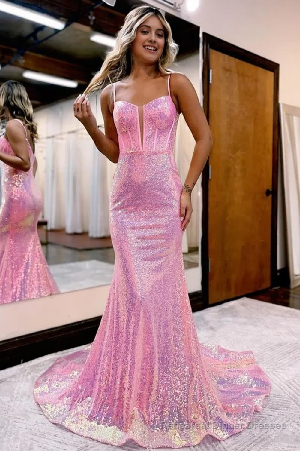 Sparkly Pink Sequin Long Mermaid Corset Prom Dress Main image