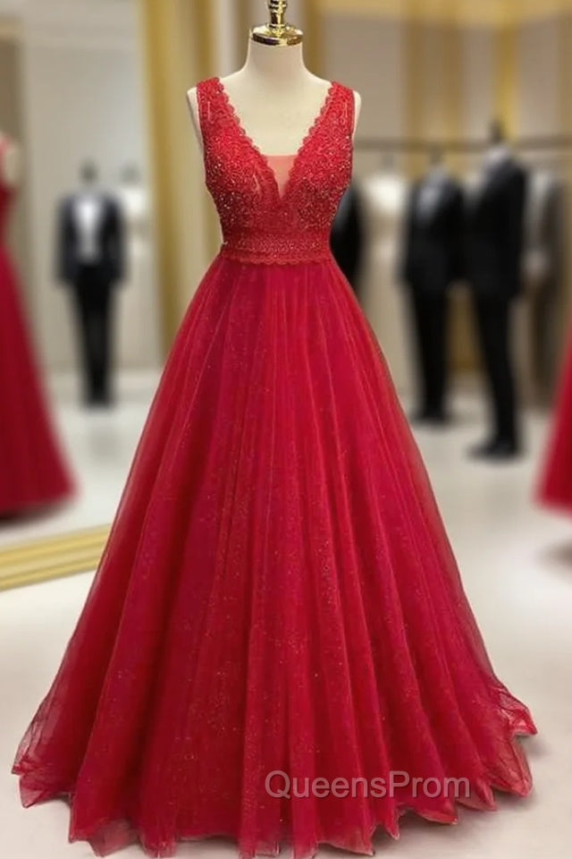 Sparkly Red Evening Prom Dress, A-line Princess V Neck Long/Floor-Length Tulle Evening Prom Dress With Appliqued Beading Glitter Main image