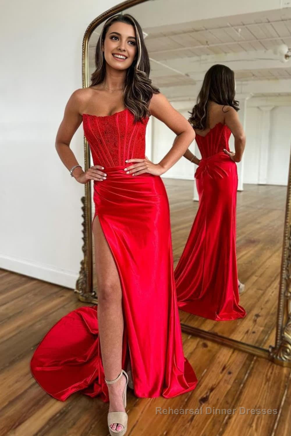 Sparkly Red Sheath Corset Long Prom Dress with Lace Main image