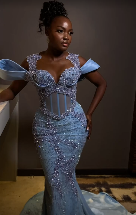 Sparkly Rhinestones Blue Mermaid Long Classy Prom Dress Classy Evening Dress