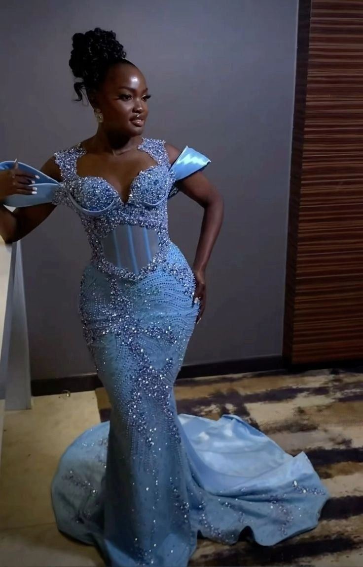 Sparkly Rhinestones Blue Mermaid Long Classy Prom Dress Classy Evening Dress