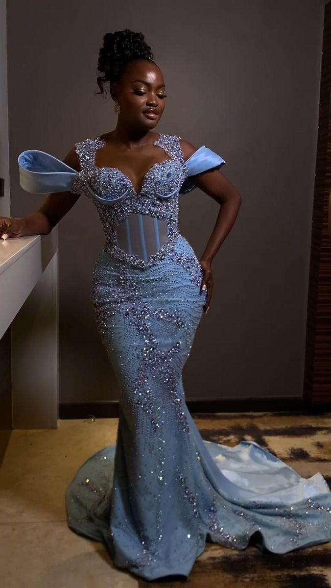 Sparkly Rhinestones Blue Mermaid Long Classy Prom Dress Classy Evening Dress