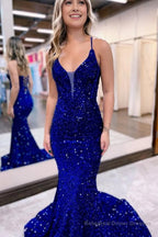 Sparkly Royal Blue Lace-Up Back Sequins Mermaid Long Prom Dress