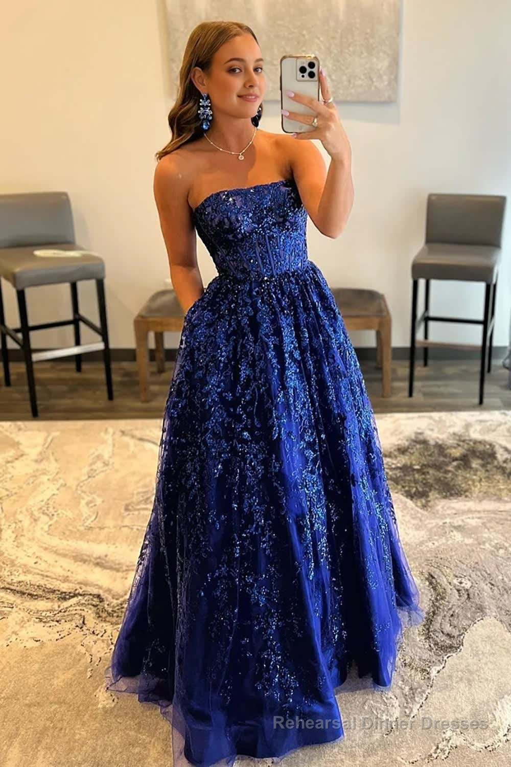 Sparkly Royal Blue Long Prom Dress with Pockets Party Dresses Gowns Main image