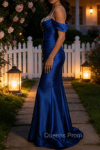 Sparkly Royal Blue Mermaid Cold Shoulder Sequined Ruched Satin Long Prom Dress