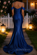 Sparkly Royal Blue Mermaid Cold Shoulder Sequined Ruched Satin Long Prom Dress