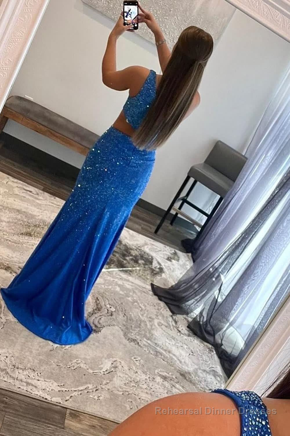 Sparkly Royal Blue One Shoulder Sheath Long Prom Dress with Slit Secondary image