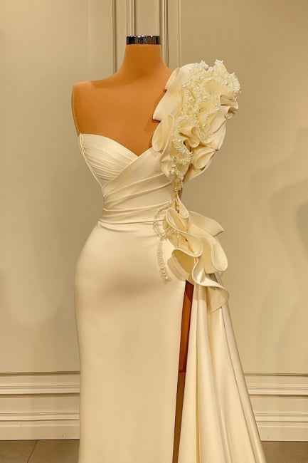 Sparkly Ruffles Split Wedding Dress With Glitter Long White One Shoulder Secondary image