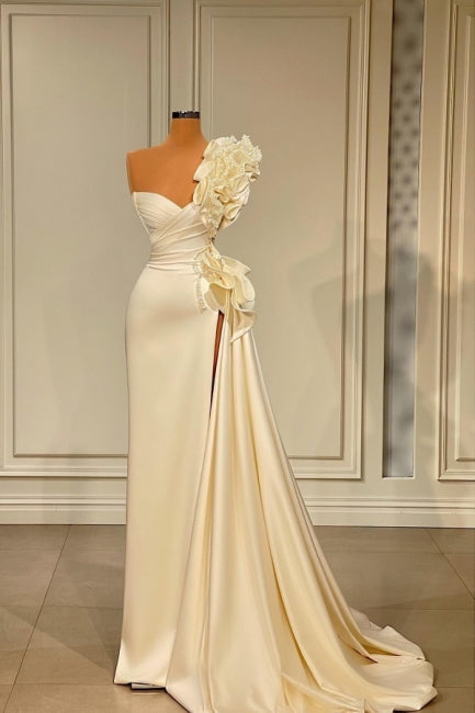 Sparkly Ruffles Split Wedding Dress With Glitter Long White One Shoulder Main image