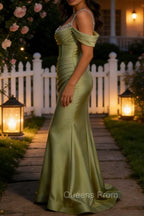 Sparkly Sage Green Mermaid Cold Shoulder Sequined Ruched Satin Long Prom Dress
