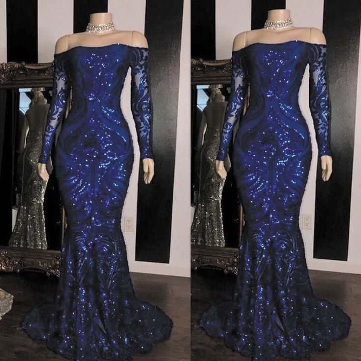 Sparkly Sequined Mermaid Classy Prom Dress Royal Blue Long Sleeve Graduation Classy Dress Classy Evening Gowns