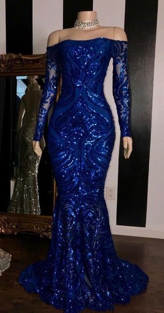 Sparkly Sequined Mermaid Classy Prom Dress Royal Blue Long Sleeve Graduation Classy Dress Classy Evening Gowns