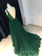 Sparkly Sequins Beaded V-Neck Tulle Open Back Evening Dress
