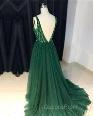 Sparkly Sequins Beaded V-Neck Tulle Open Back Evening Dress