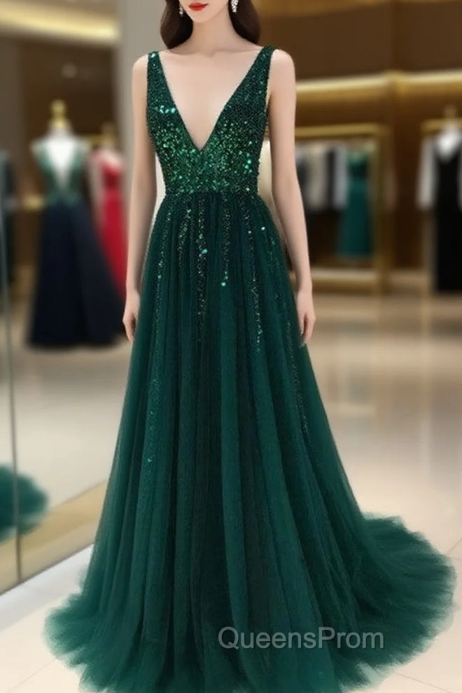 Sparkly Sequins Beaded V-Neck Tulle Open Back Evening Dress