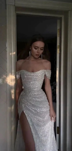 Sparkly Sequins Off Shoulder Side Slit Classy Prom Dress