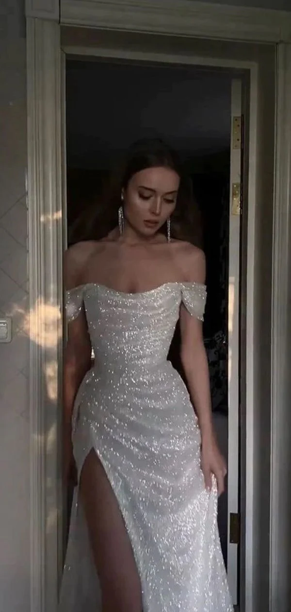 Sparkly Sequins Off Shoulder Side Slit Classy Prom Dress