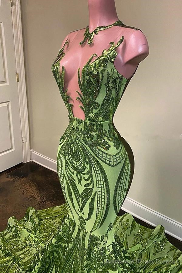 Sparkly Sequins Olive Green Mermaid African Prom Dresses Black Girls Neck Long Graduation Dress Secondary image