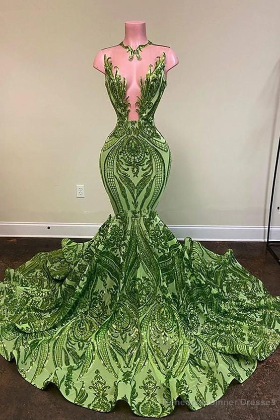 Sparkly Sequins Olive Green Mermaid African Prom Dresses Black Girls Neck Long Graduation Dress Main image