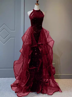 Sparkly Sheath Burgundy Sequin Long Classy Prom Dress Party Dress
