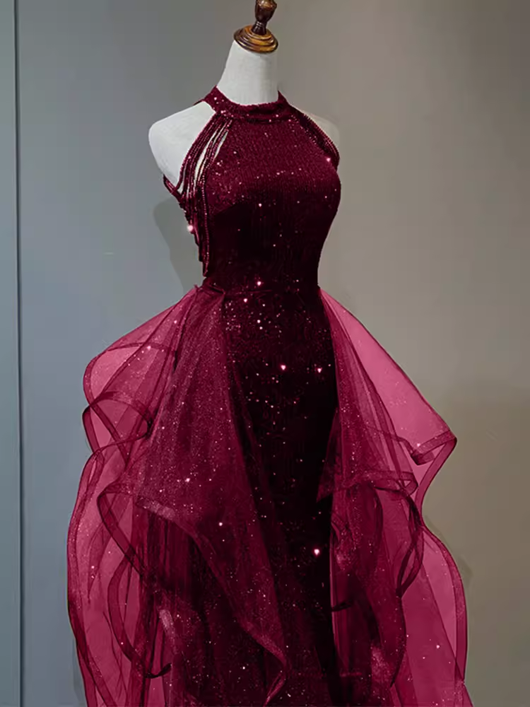 Sparkly Sheath Burgundy Sequin Long Classy Prom Dress Party Dress