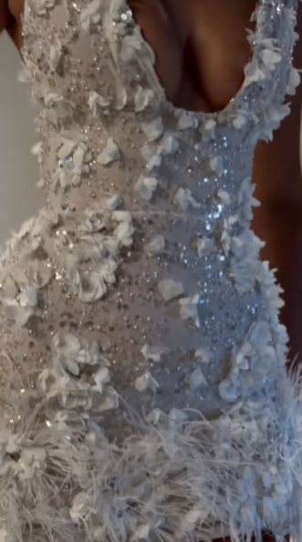 Sparkly Sheath V Neck White Feathers Beaded Wedding Dress Short Bridal Gown Wedding Dress