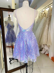 Sparkly Spaghetti Straps V-Neck Sequin Short Purple Homecoming Dress Online,