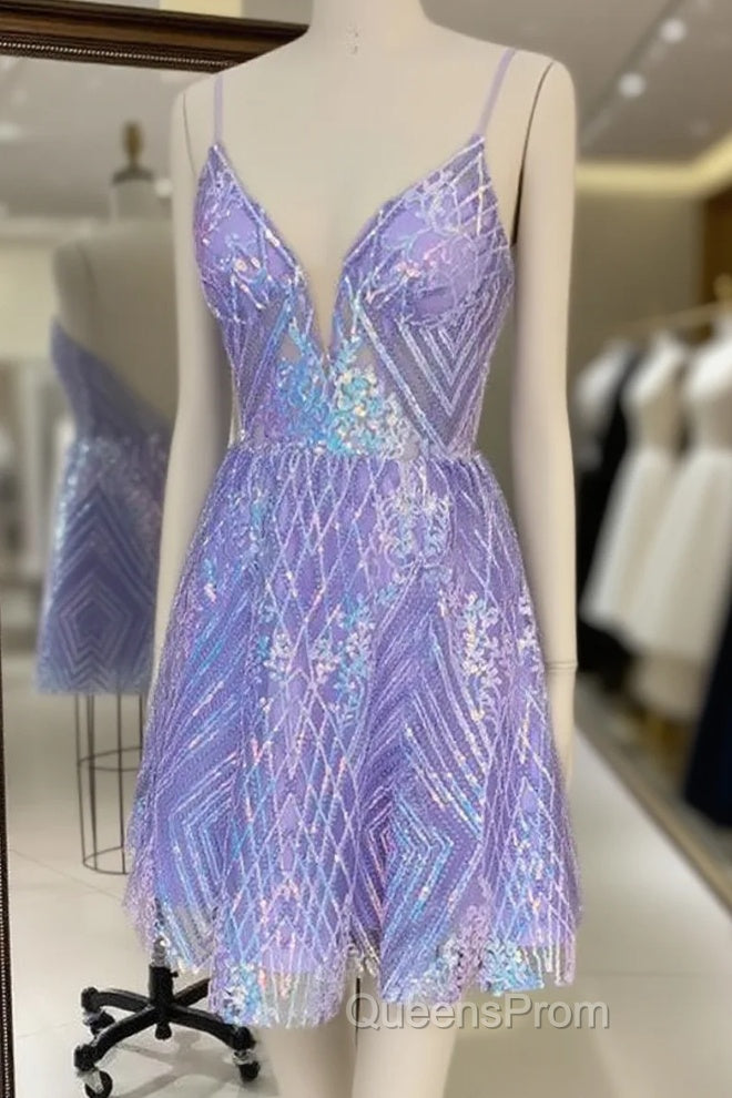 Sparkly Spaghetti Straps V-Neck Sequin Short Purple Homecoming Dress Online, Main image