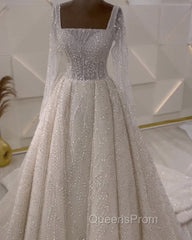 Sparkly Square Neck Long Sleeve Wedding Dress