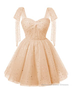 Sparkly Starry Blush Pink Tulle Short Homecoming Dresses Spaghetti Bow Straps Prom Dress Sequin Cocktail Party Dress for Teens