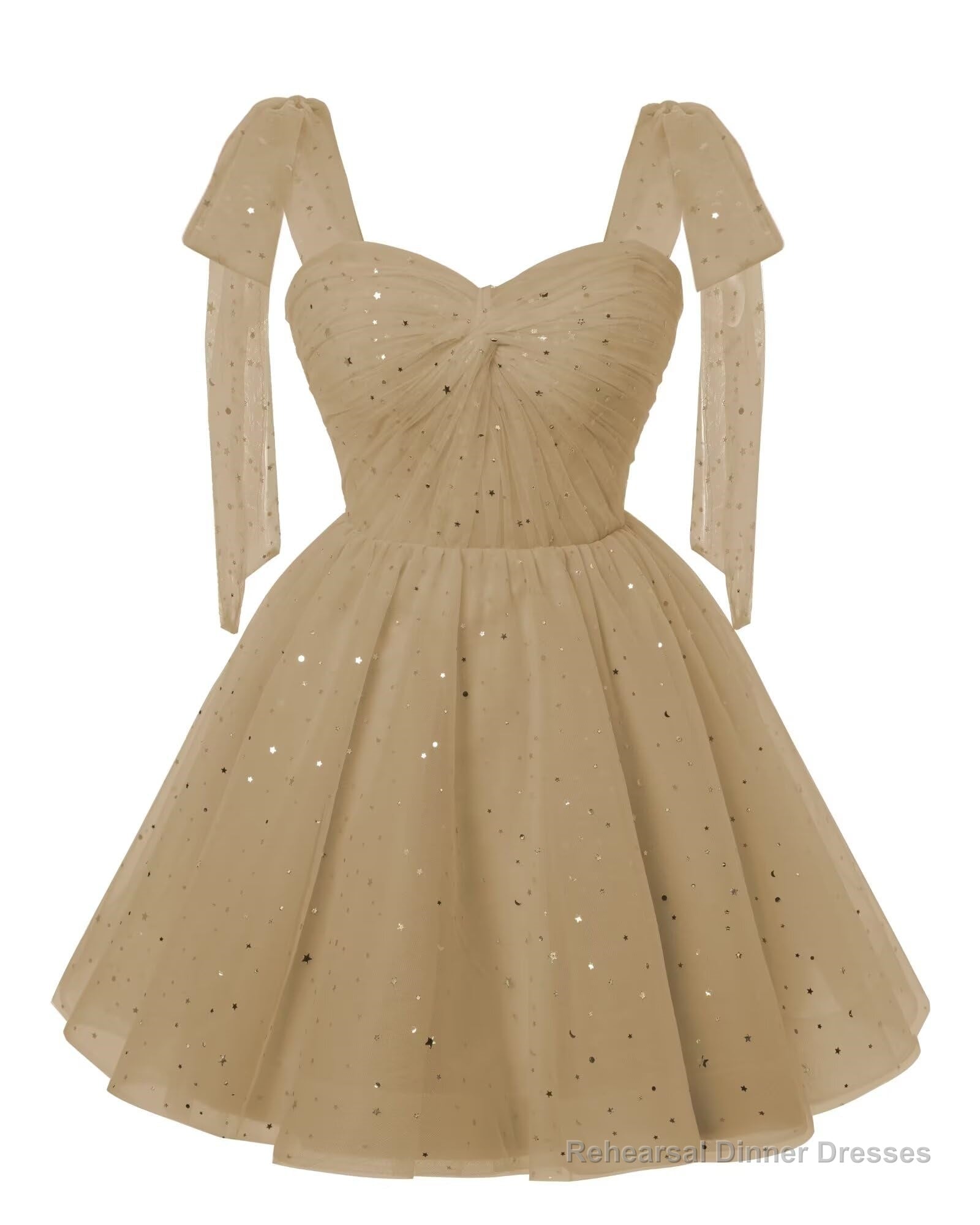 Sparkly Starry Champagne Tulle Short Homecoming Dresses Spaghetti Bow Straps Prom Dress Sequin Cocktail Party Dress for Teens Main image
