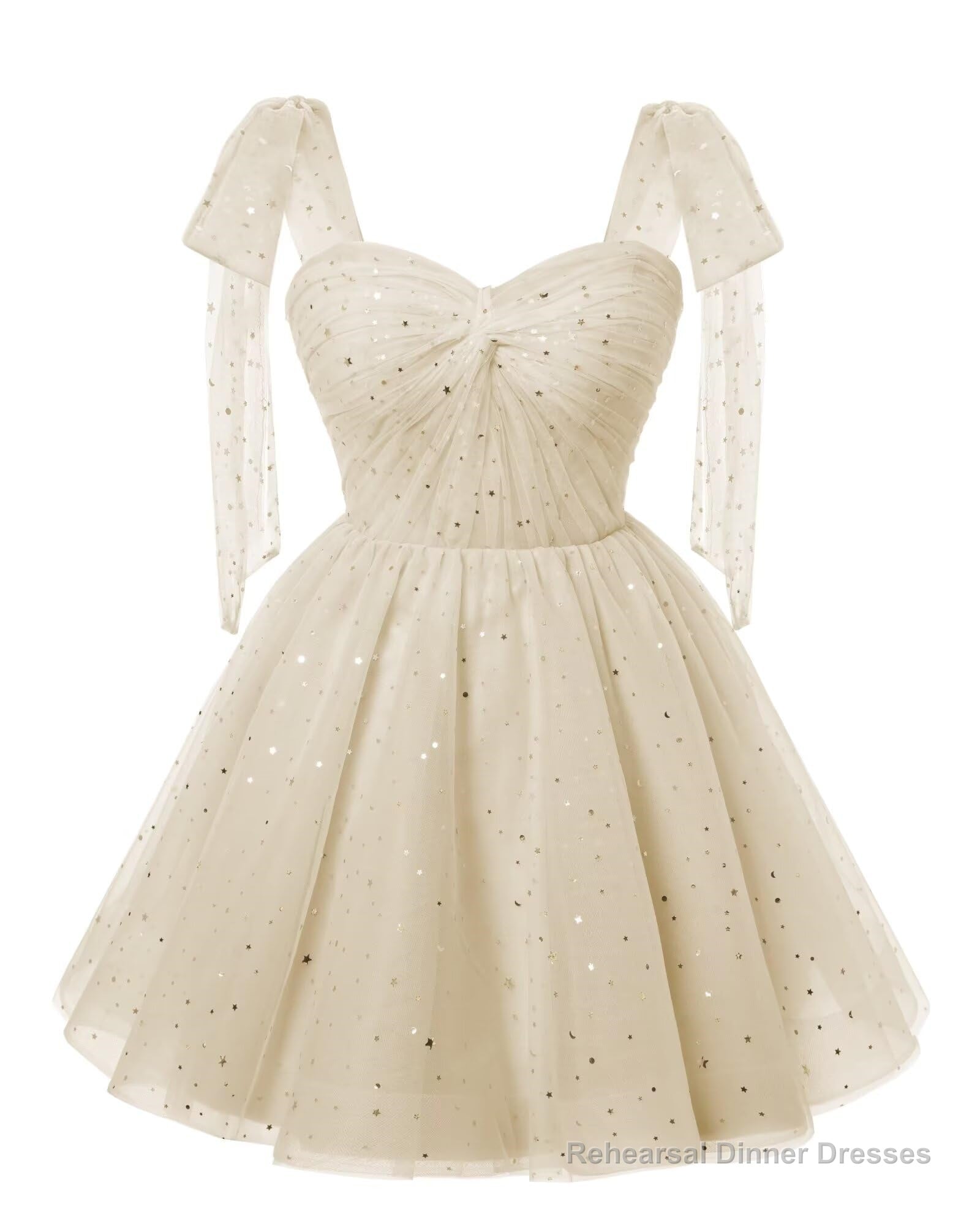 Sparkly Starry Light Champagne Tulle Short Homecoming Dresses Spaghetti Bow Straps Prom Dress Sequin Cocktail Party Dress for Teens Main image
