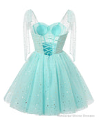 Sparkly Starry White Tulle Short Homecoming Dresses Spaghetti Bow Straps Prom Dress Sequin Cocktail Party Dress for Teens