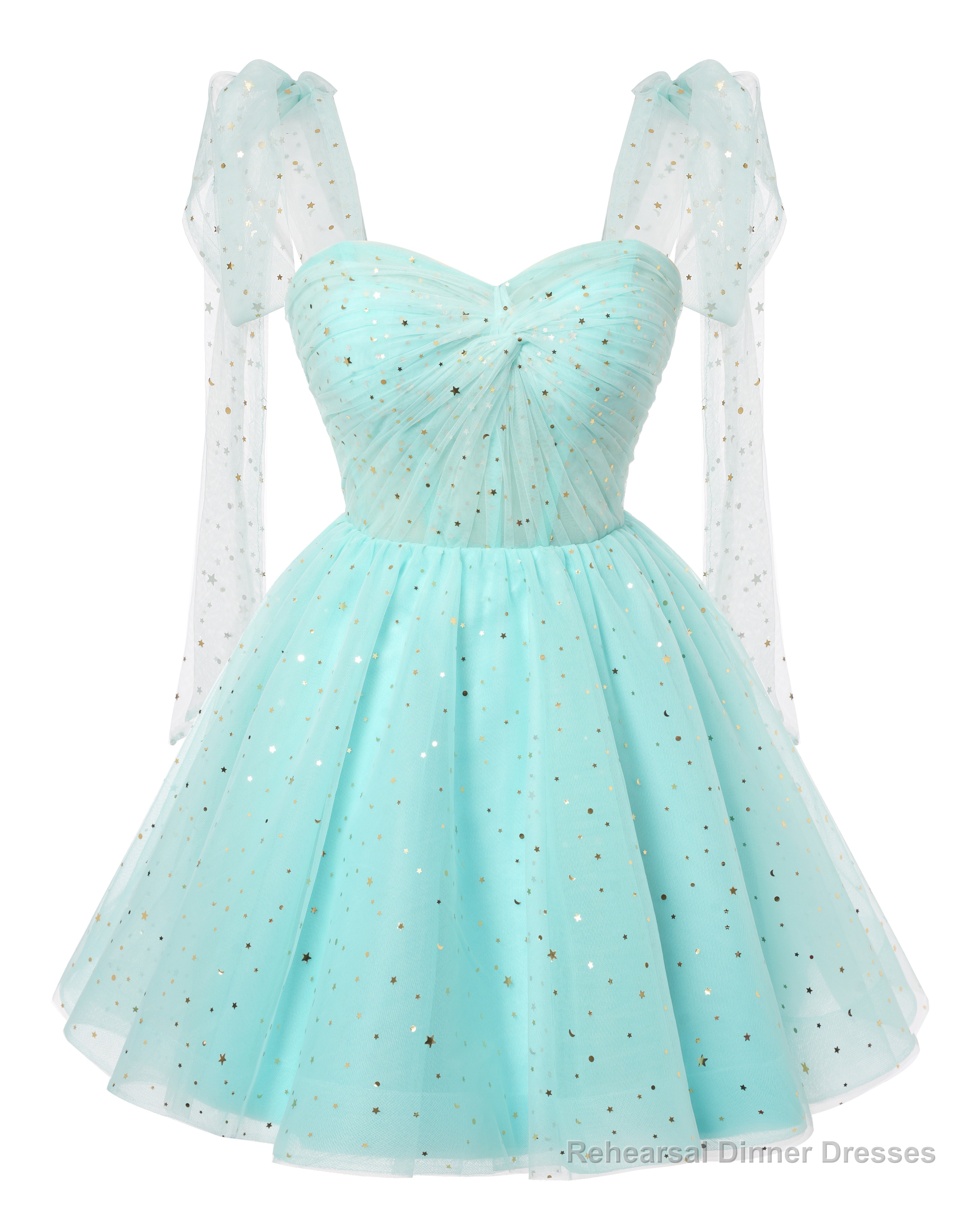 Sparkly Starry Mint Green Tulle Short Homecoming Dresses Spaghetti Bow Straps Prom Dress Sequin Cocktail Party Dress for Teens Main image