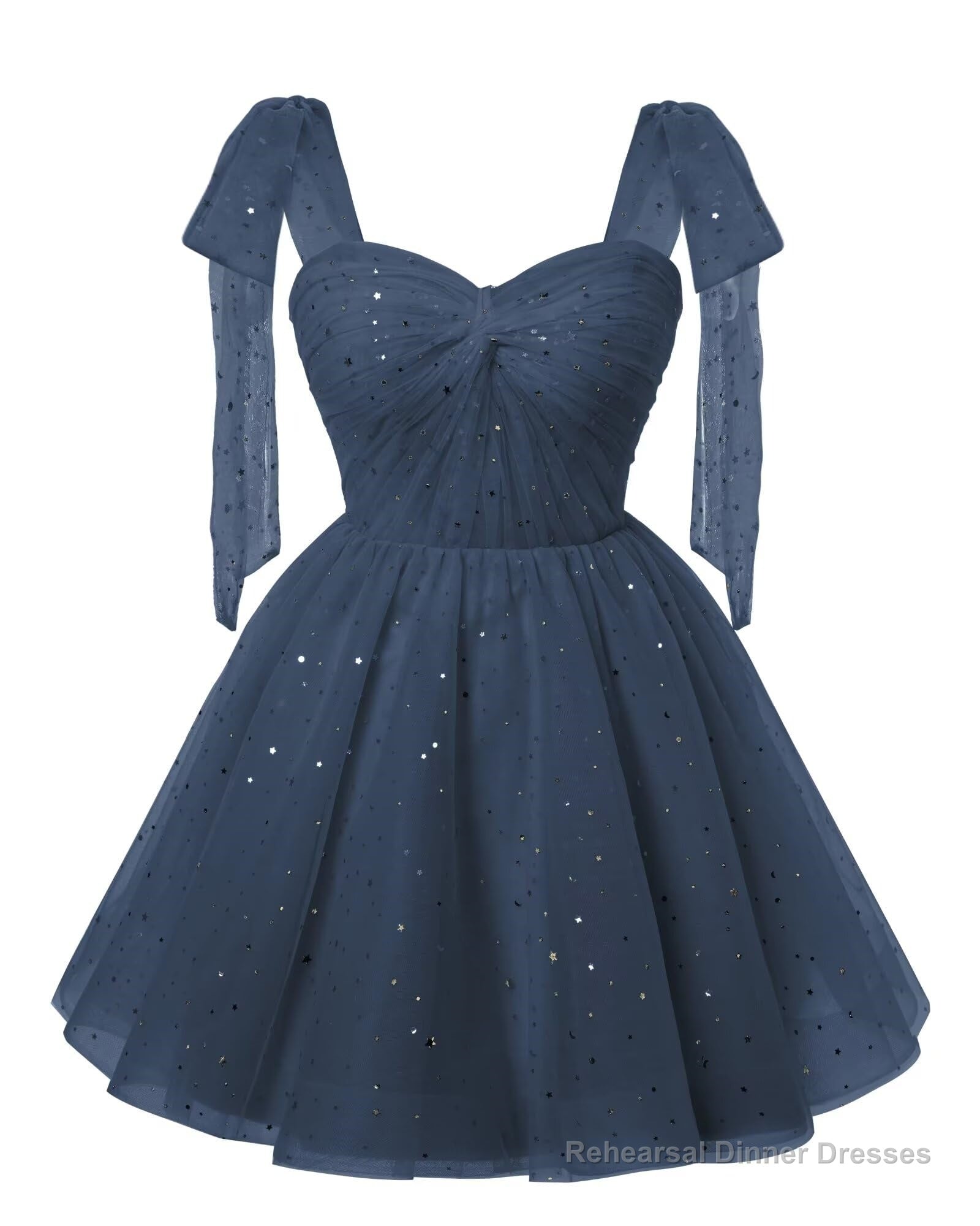 Sparkly Starry Navy Blue Tulle Short Homecoming Dresses Spaghetti Bow Straps Prom Dress Sequin Cocktail Party Dress for Teens Main image