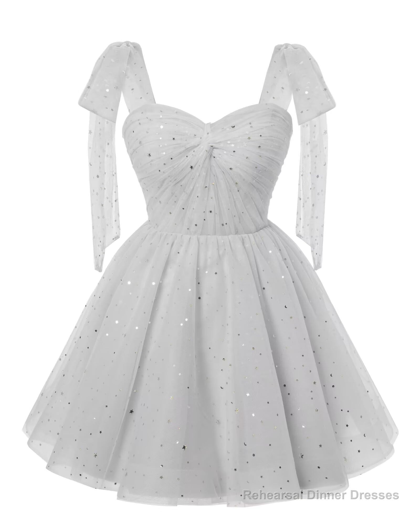 Sparkly Starry Silver Gray Tulle Short Homecoming Dresses Spaghetti Bow Straps Prom Dress Sequin Cocktail Party Dress for Teens Main image