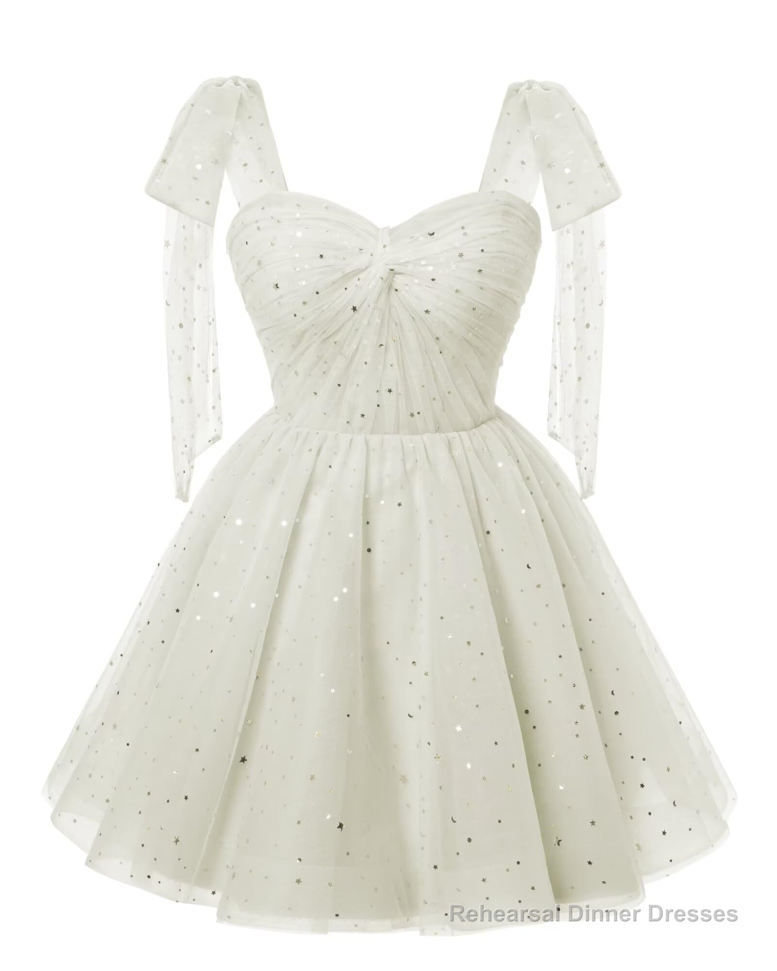 Sparkly Starry White Tulle Short Homecoming Dresses Spaghetti Bow Straps Prom Dress Sequin Cocktail Party Dress for Teens Main image