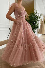 Sparkly Stars Tulle Blush Pink Classy Prom Dresse Shiny Princess Classy Evening Dress With Straps