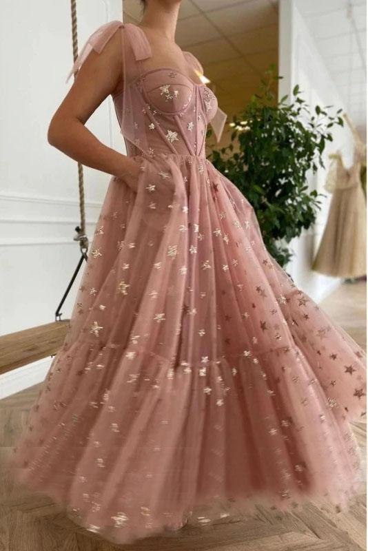 Sparkly Stars Tulle Blush Pink Classy Prom Dresse Shiny Princess Classy Evening Dress With Straps