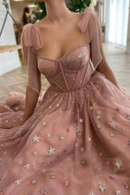 Sparkly Stars Tulle Blush Pink Classy Prom Dresse Shiny Princess Classy Evening Dress With Straps