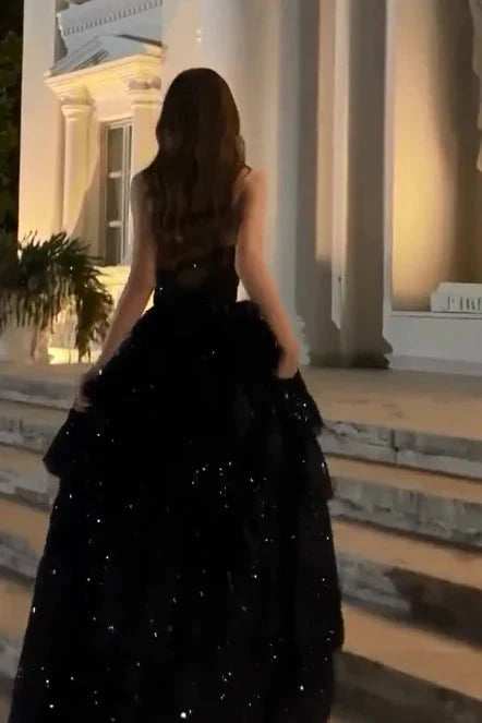 Sparkly Stunning Black Sequined Sleeveless Strapless Long Prom Dress With Split