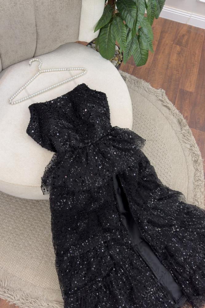 Sparkly Stunning Black Sequined Sleeveless Strapless Long Prom Dress With Split