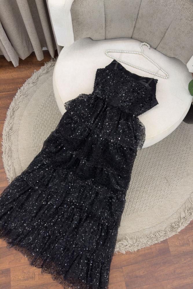 Sparkly Stunning Black Sequined Sleeveless Strapless Long Prom Dress With Split