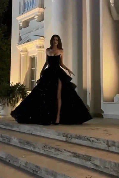 Sparkly Stunning Black Sequined Sleeveless Strapless Long Prom Dress With Split
