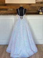 Sparkly V Neck Backless Prom Dresses, Open Back Shiny Formal Graduation Dresses