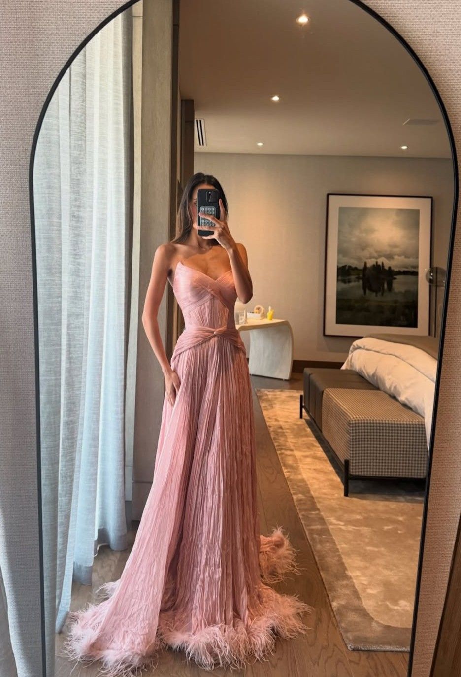Special A Line Sweetheart Pleated Chiffon Pink Sleeveless Feathers Long Classy Prom Dress Inspo Classy Prom Gown Main image