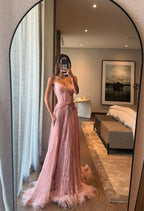 Special A Line Sweetheart Pleated Chiffon Pink Sleeveless Feathers Long Classy Prom Dress Inspo Classy Prom Gown