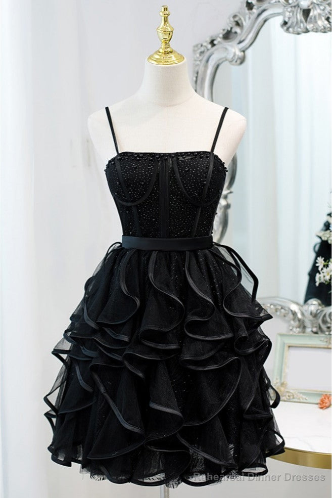 Special Black Ruffled Short Homecoming Dress with Spaghetti Straps Main image