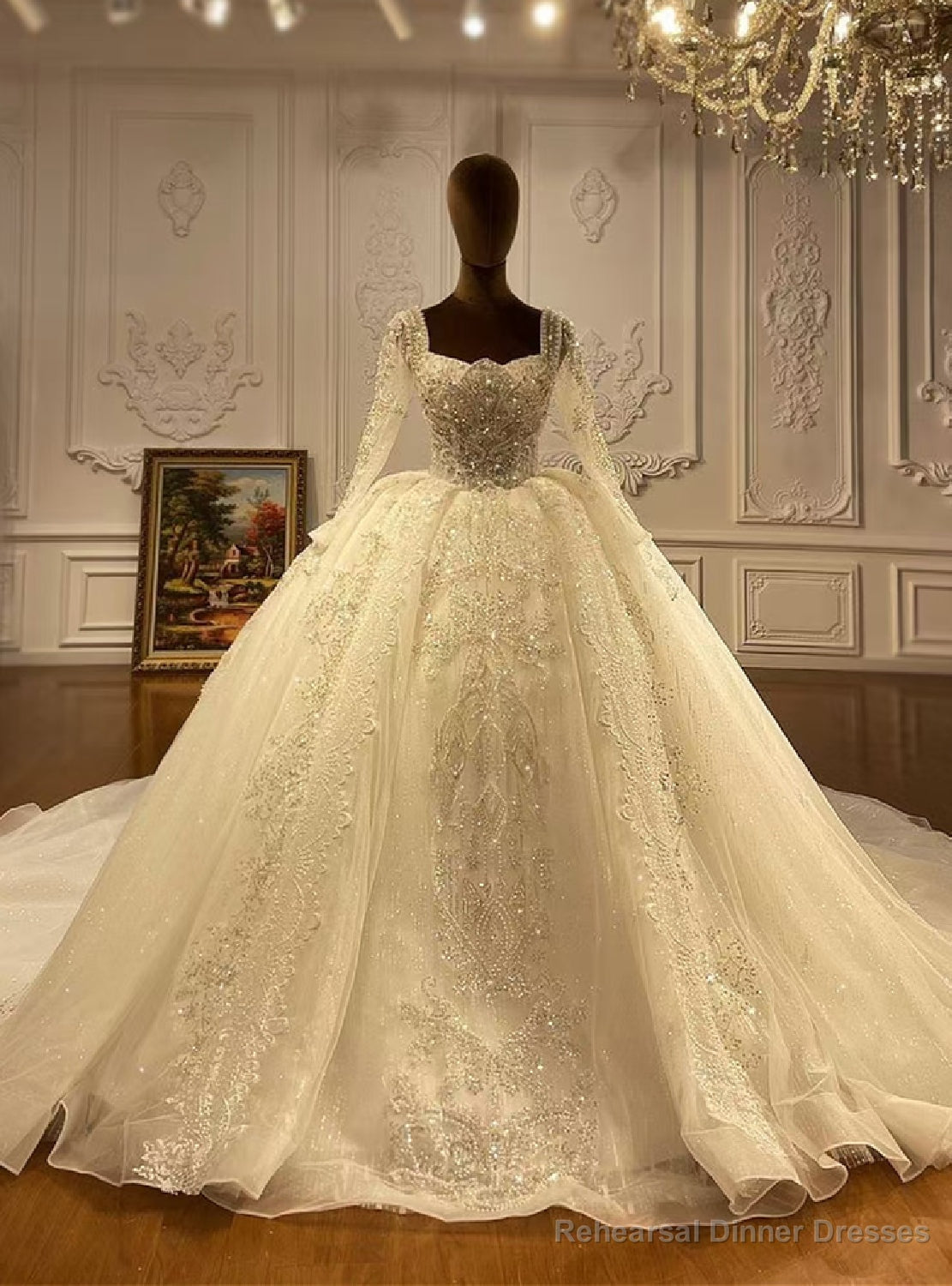Square Long Sleeve Tulle Sequins HandWork Beading Wedding Dress Main image