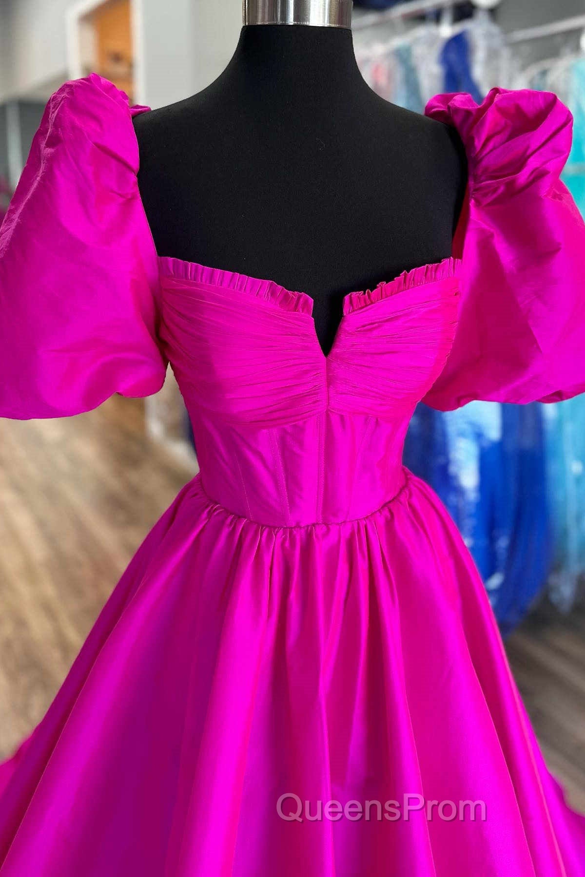 Square Neck Fuchsia Puff Sleeves A-Line Evening Prom Dress Secondary image